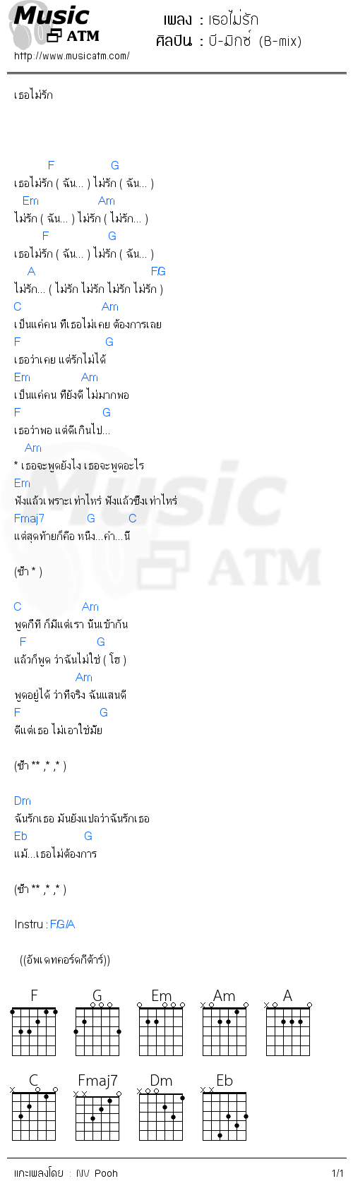 คอร์ดเพลง เธอไม่รัก