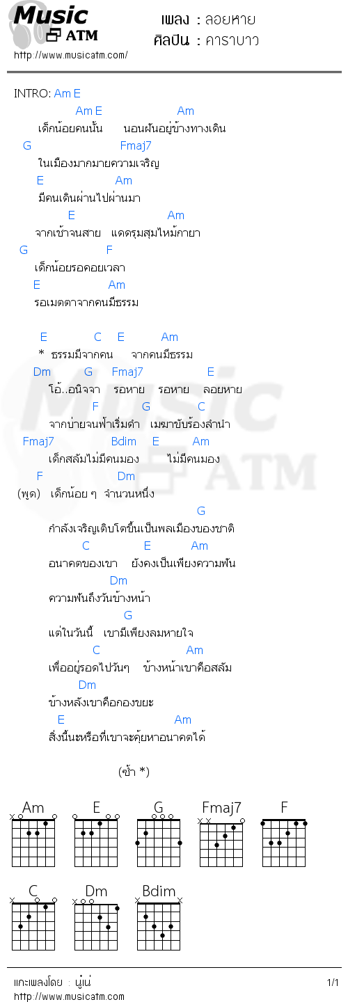 คอร์ดเพลง ลอยหาย