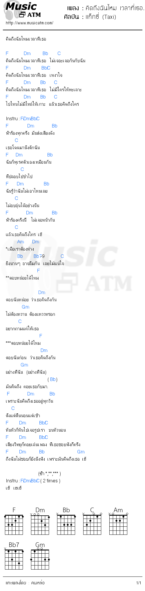 คอร์ดเพลง คิดถึงฉันไหม เวลาที่เธอ...