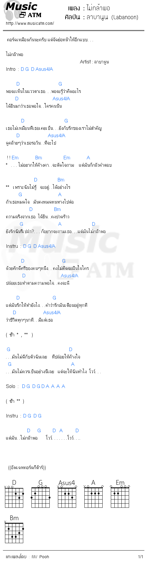 คอร์ดเพลง ไม่กล้าพอ