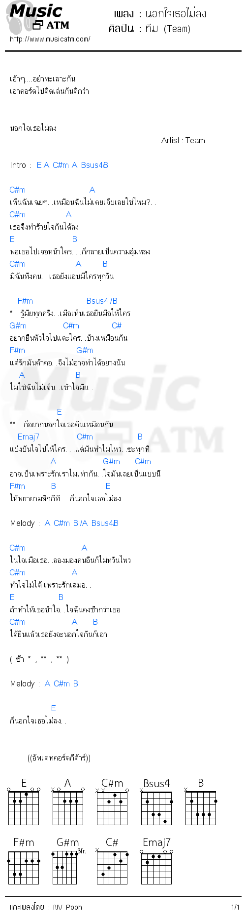 คอร์ดเพลง นอกใจเธอไม่ลง