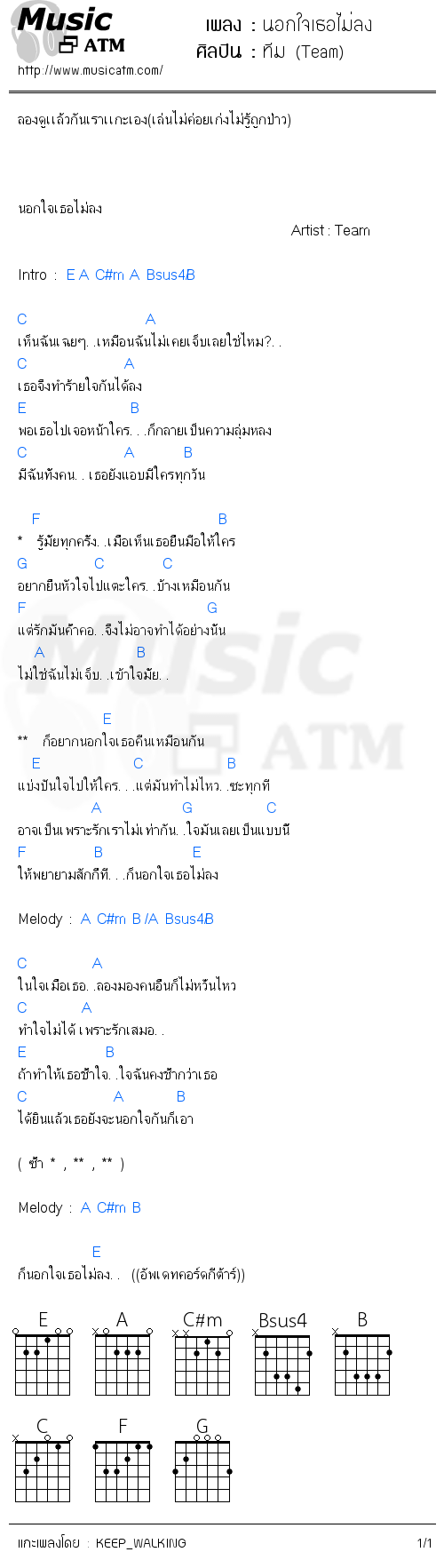 คอร์ดเพลง นอกใจเธอไม่ลง