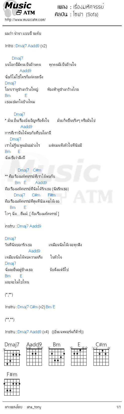 คอร์ดเพลง เรื่องมหัศจรรย์