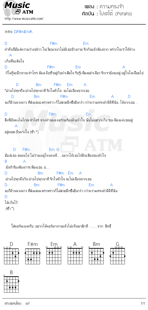 คอร์ดเพลง ความทรงจำ