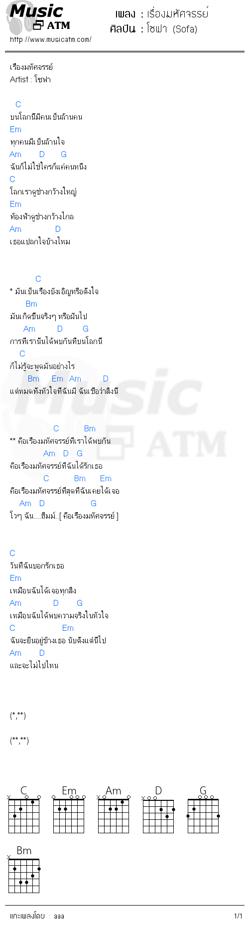 คอร์ดเพลง เรื่องมหัศจรรย์