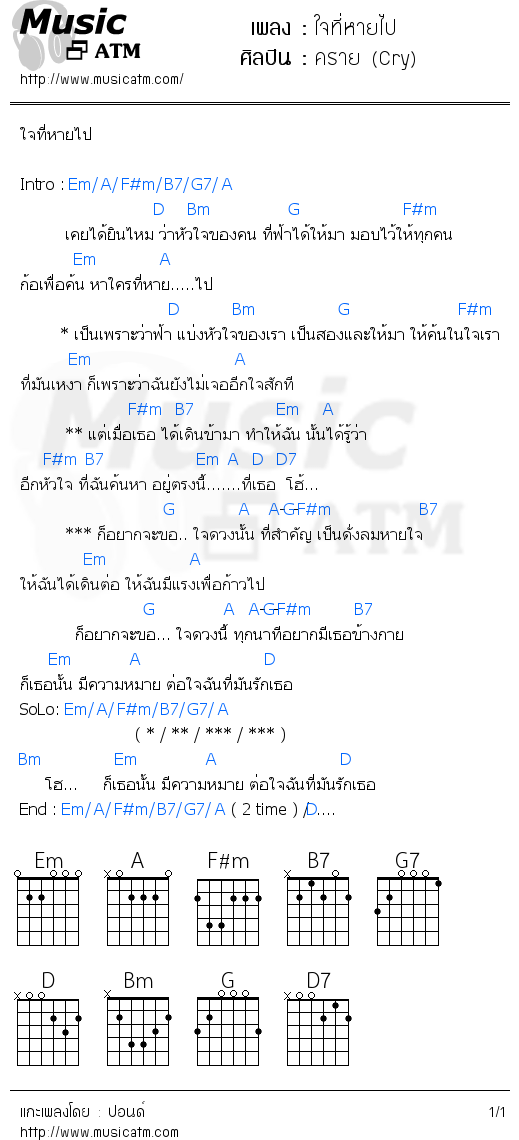 คอร์ดเพลง ใจที่หายไป