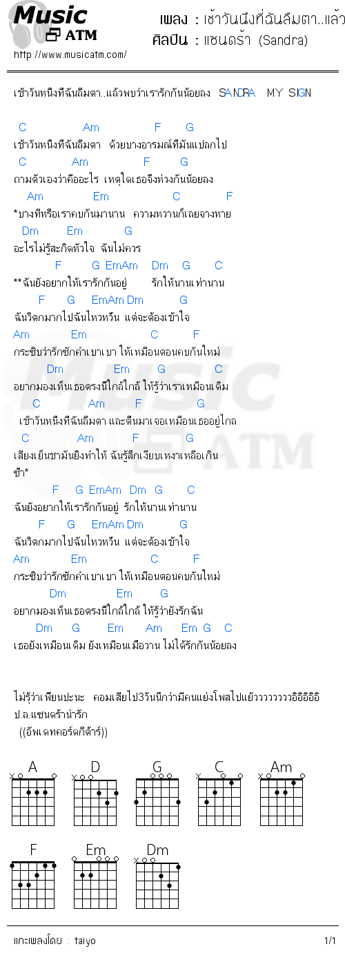 คอร์ดเพลง เช้าวันนึงที่ฉันลืมตา..แล้วพบว่าเธอรักกันน้อยลง