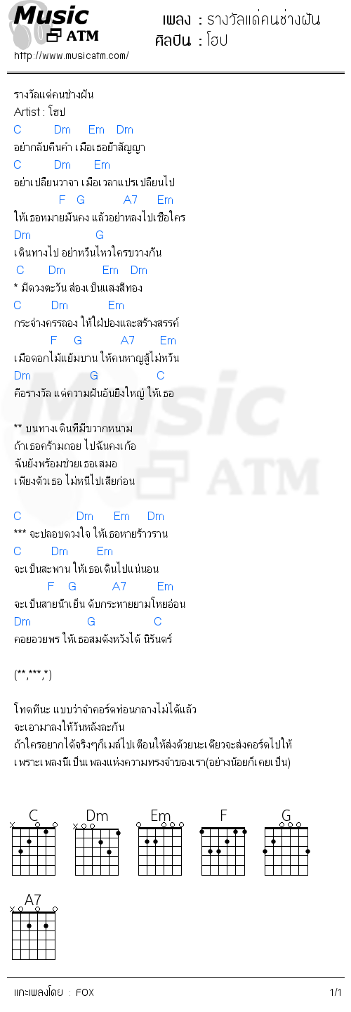 คอร์ดเพลง รางวัลแด่คนช่างฝัน