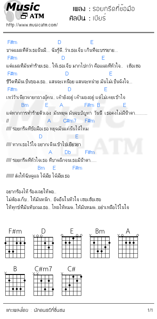 คอร์ดเพลง รอยกรีดที่ข้อมือ