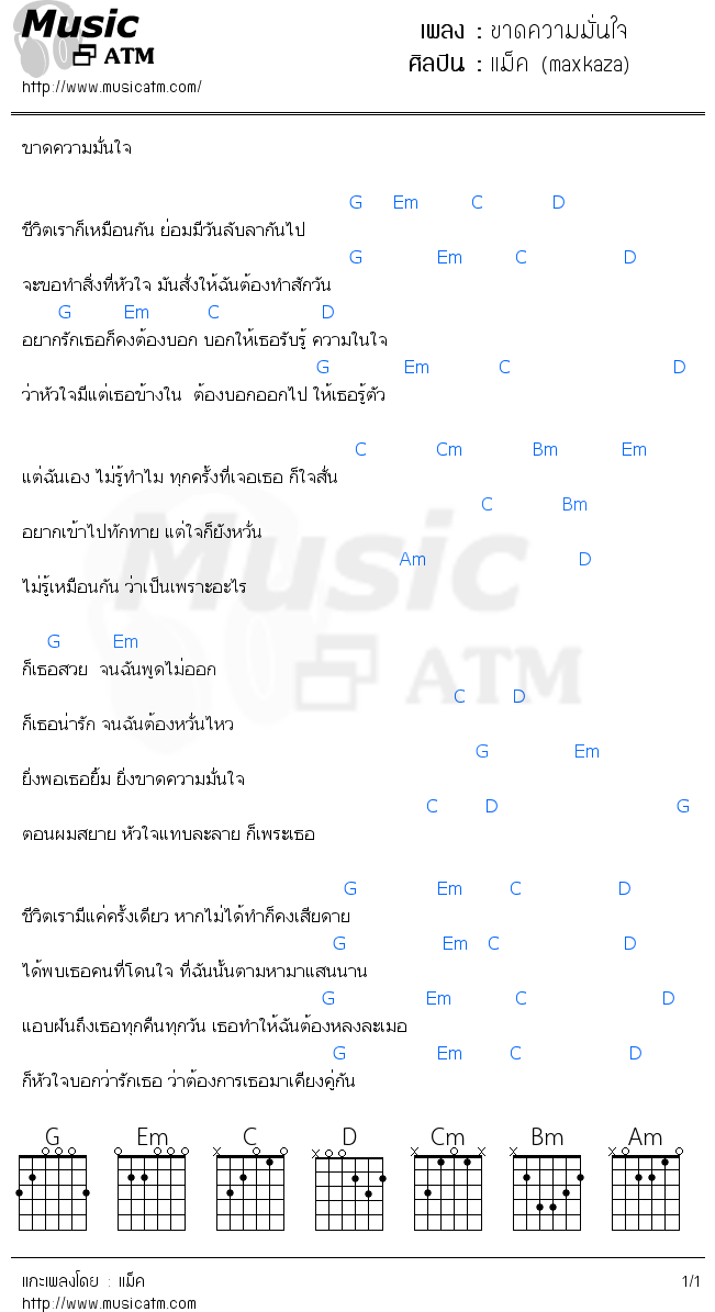 คอร์ดเพลง ขาดความมั่นใจ