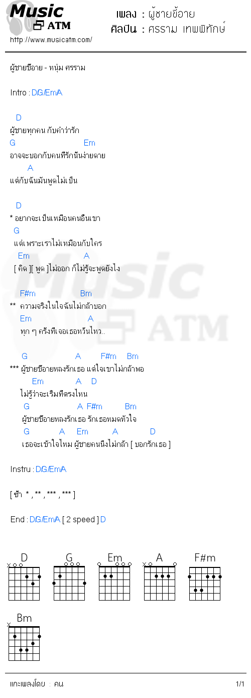 คอร์ดเพลง ผู้ชายขี้อาย