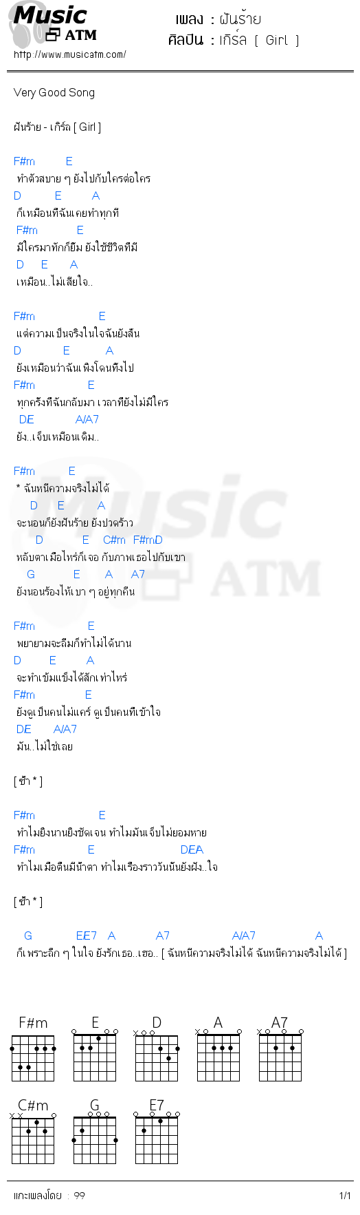 คอร์ดเพลง ฝันร้าย