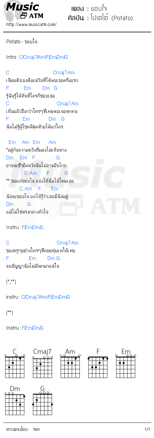 คอร์ดเพลง ขอบใจ