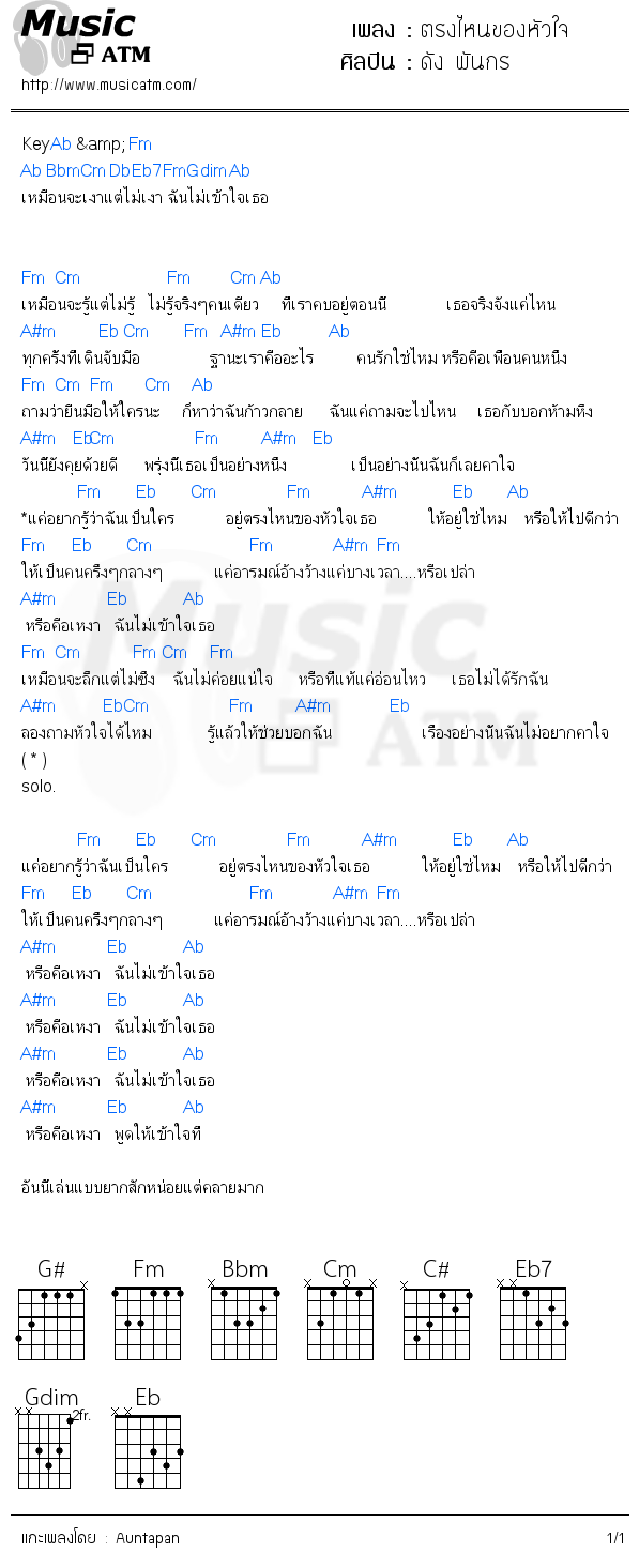 คอร์ดเพลง ตรงไหนของหัวใจ