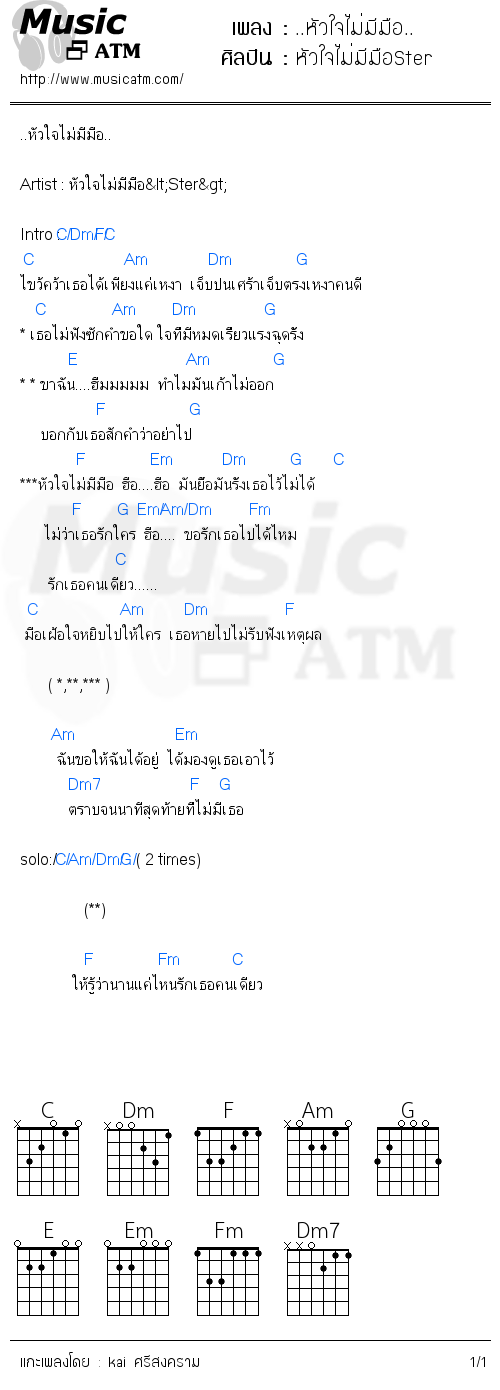 คอร์ดเพลง ..หัวใจไม่มีมือ..