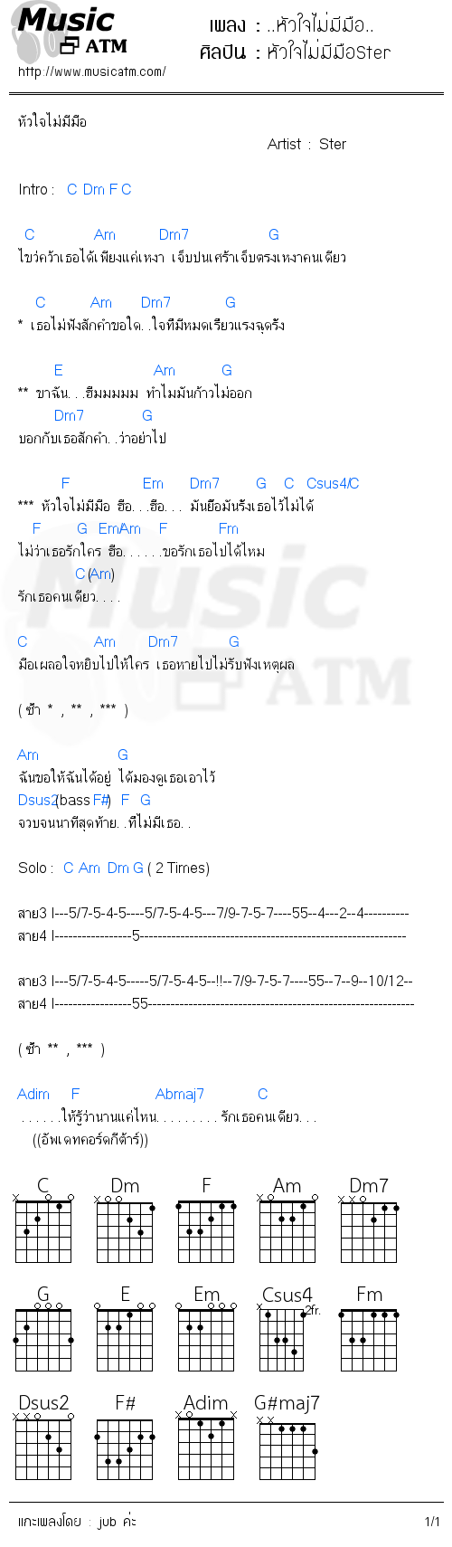 คอร์ดเพลง ..หัวใจไม่มีมือ..