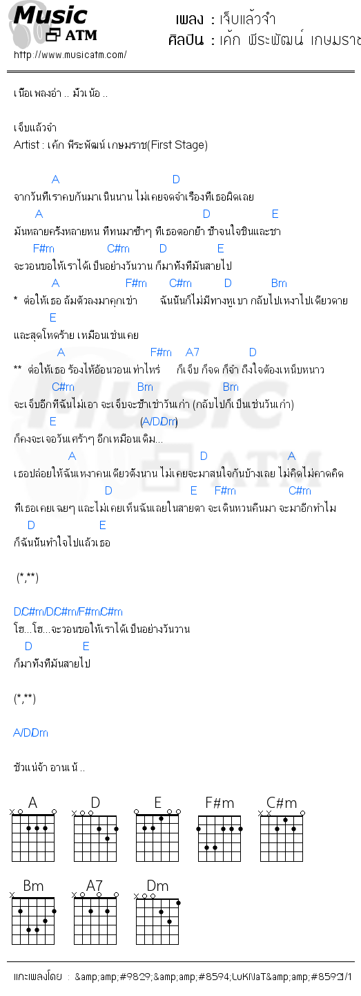 คอร์ดเพลง เจ็บแล้วจำ