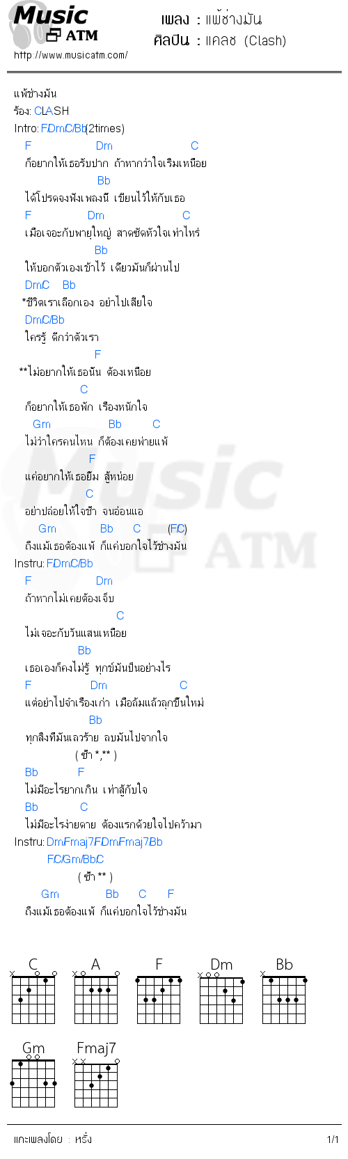 คอร์ดเพลง แพ้ช่างมัน