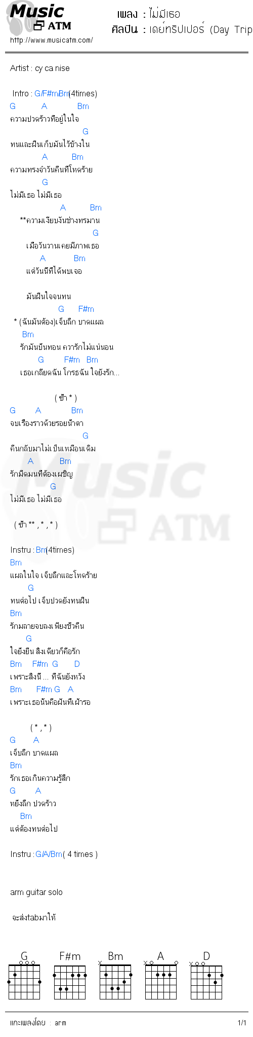 คอร์ดเพลง ไม่มีเธอ