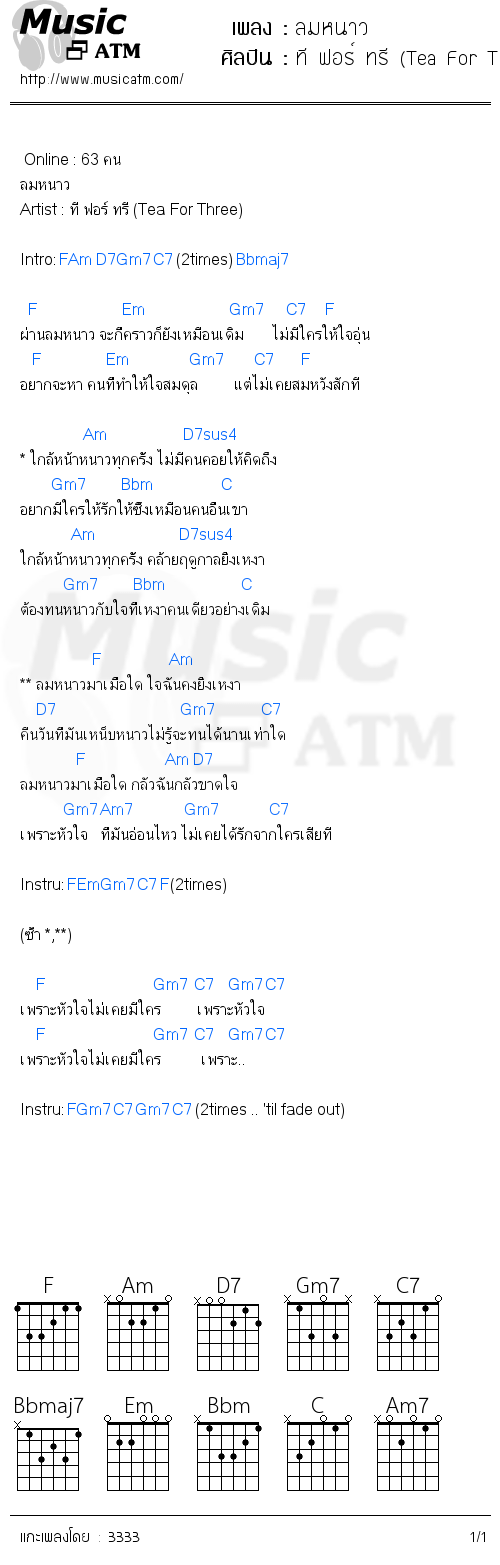 คอร์ดเพลง ลมหนาว