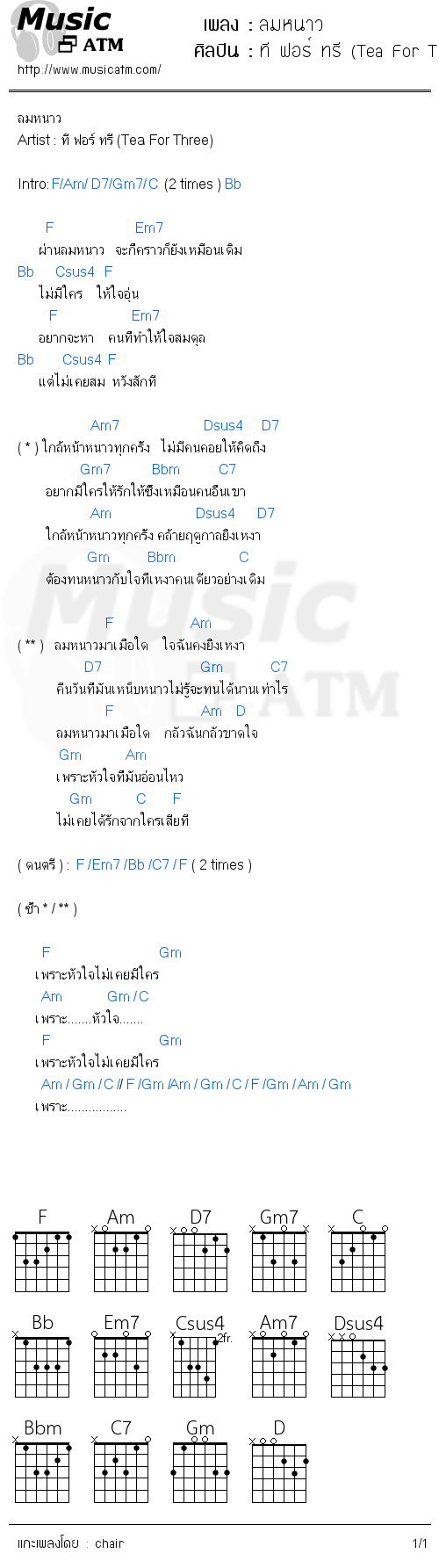 คอร์ดเพลง ลมหนาว