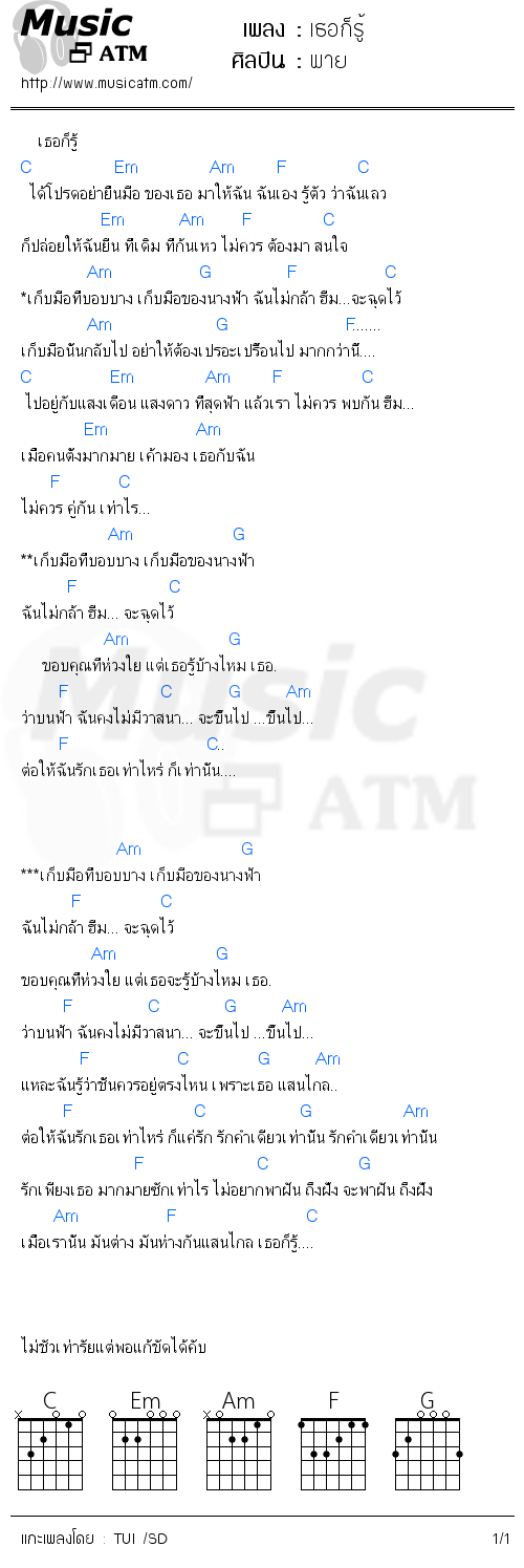 คอร์ดเพลง เธอก็รู้