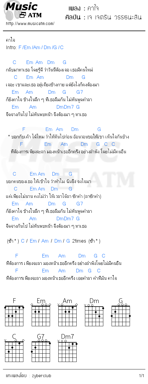 คอร์ดเพลง คาใจ