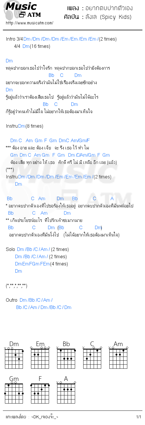 คอร์ดเพลง อยากตบปากตัวเอง