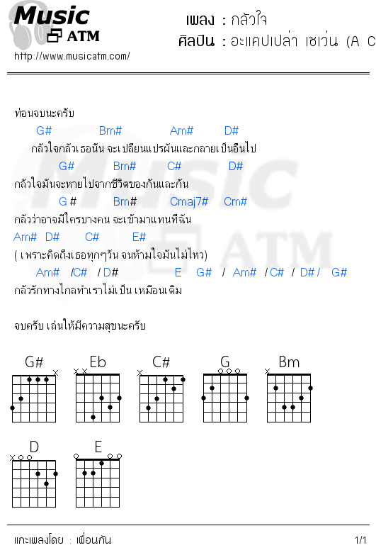 คอร์ดเพลง กลัวใจ