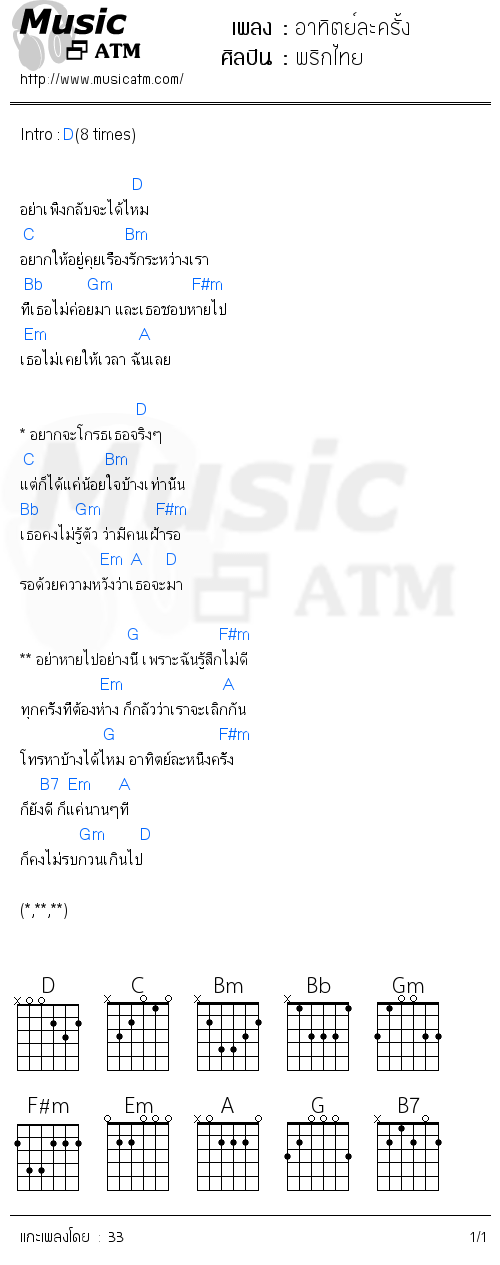 คอร์ดเพลง อาทิตย์ละครั้ง