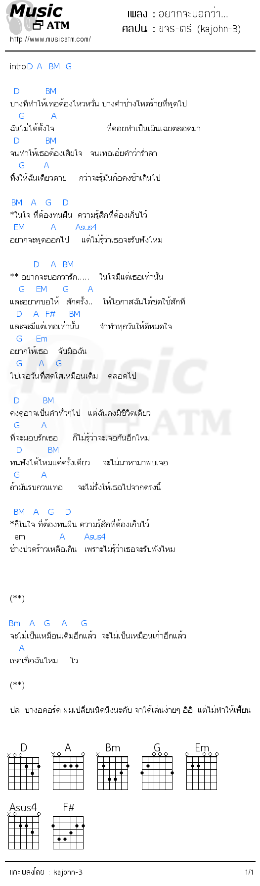 คอร์ดเพลง อยากจะบอกว่า...