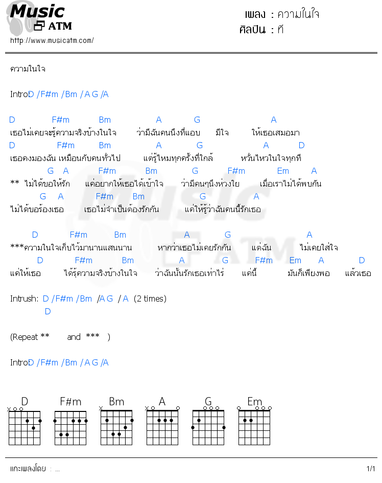 คอร์ดเพลง ความในใจ