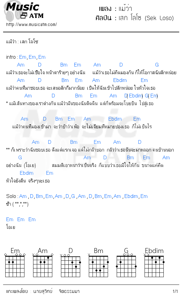 คอร์ดเพลง แม้ว่า