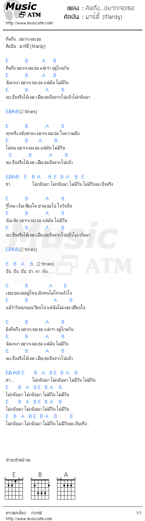 คอร์ดเพลง คิดถึง...อยากเจอเธอ