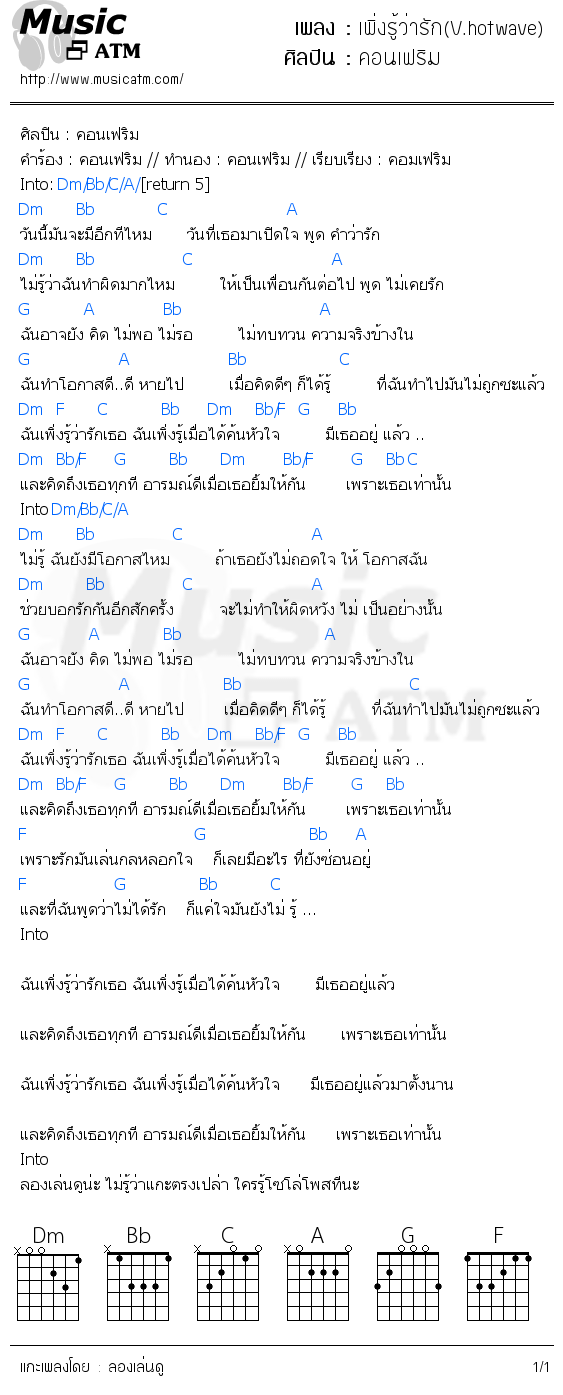 คอร์ดเพลง เพิ่งรู้ว่ารัก(V.hotwave)