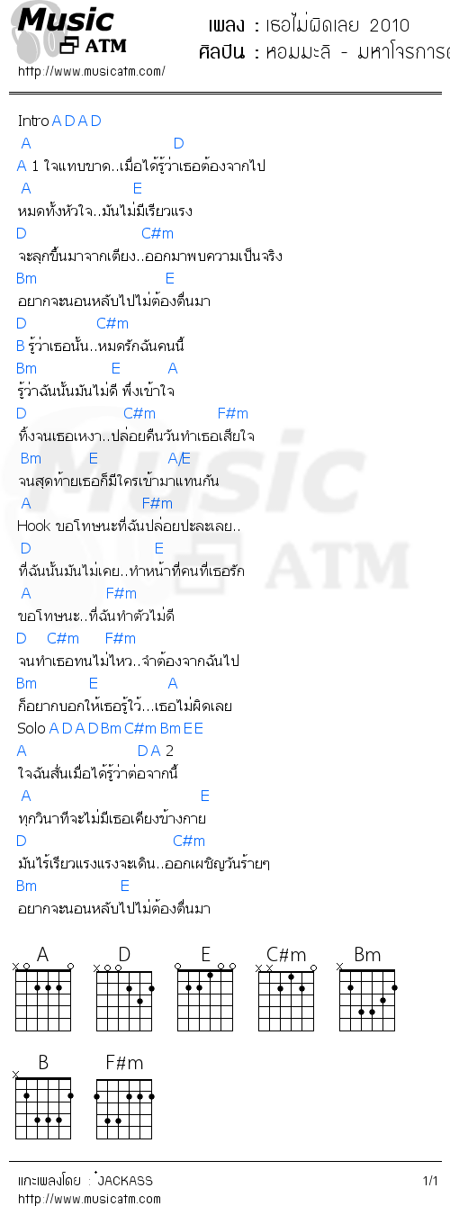 คอร์ดเพลง เธอไม่ผิดเลย 2010