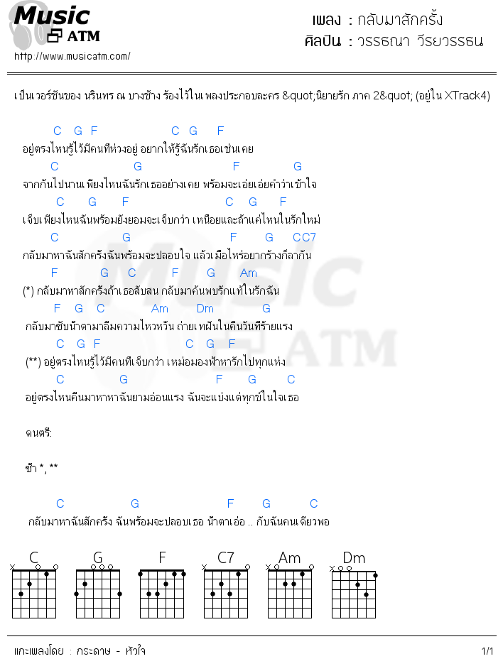 คอร์ดเพลง กลับมาสักครั้ง