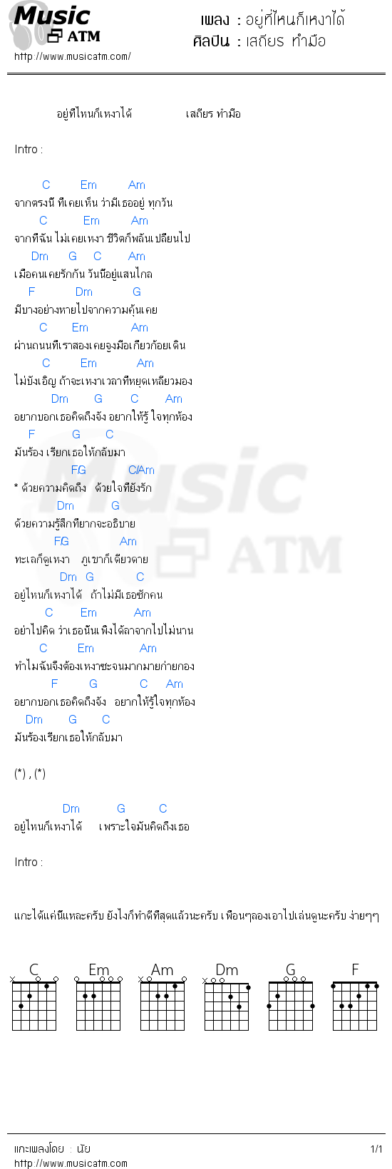 คอร์ดเพลง อยู่ที่ไหนก็เหงาได้