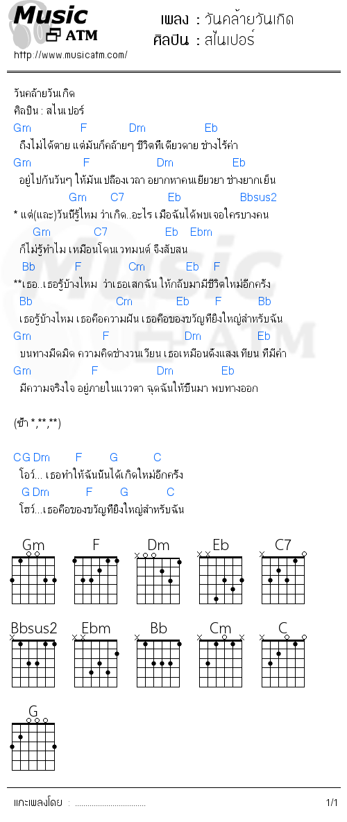 คอร์ดเพลง วันคล้ายวันเกิด