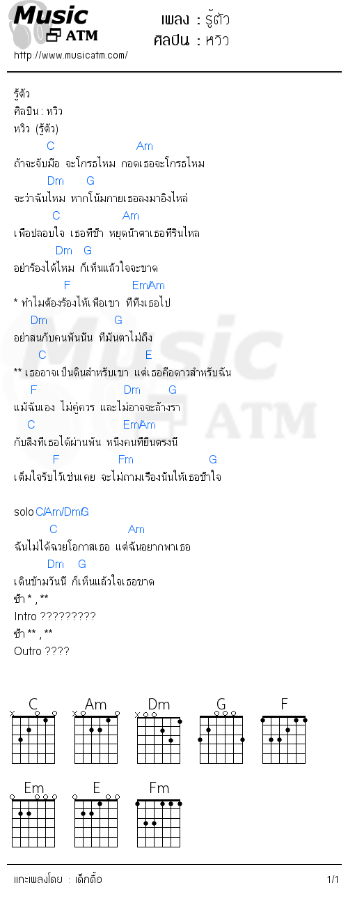 คอร์ดเพลง รู้ตัว