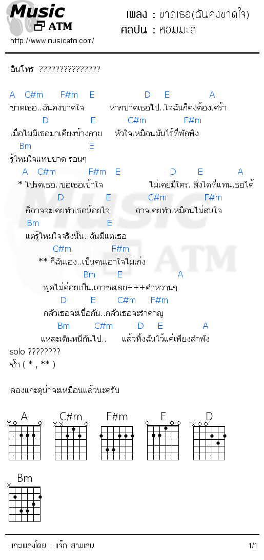 คอร์ดเพลง ขาดเธอ(ฉันคงขาดใจ)