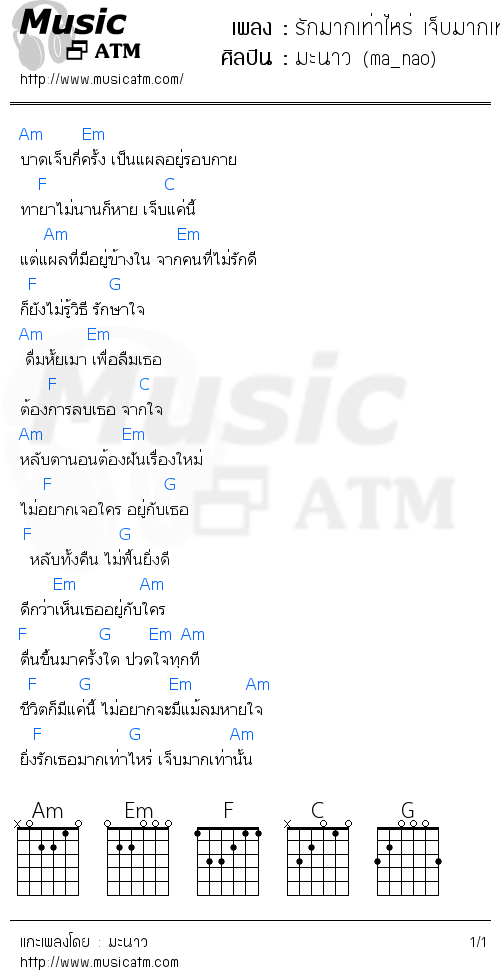 คอร์ดเพลง รักมากเท่าไหร่ เจ็บมากเท่านั้น