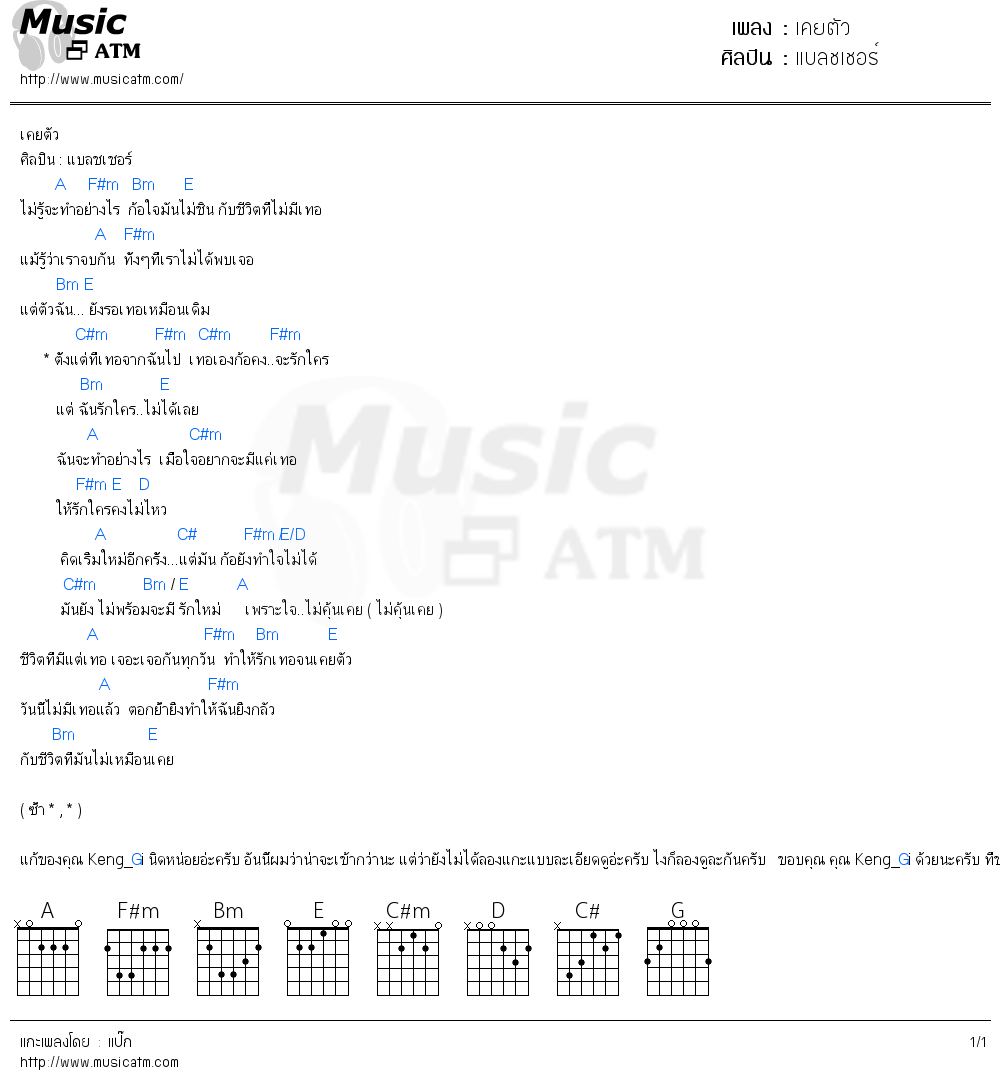 คอร์ดเพลง เคยตัว