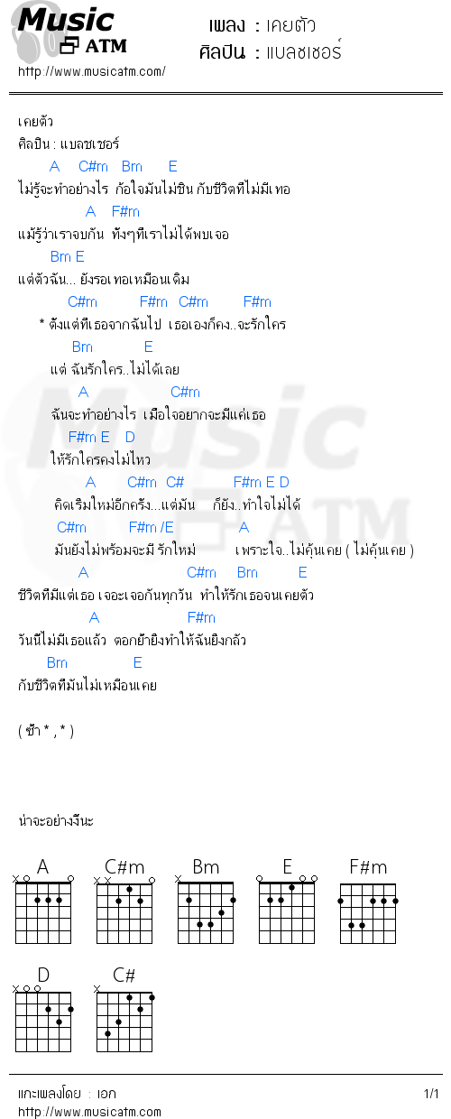 คอร์ดเพลง เคยตัว