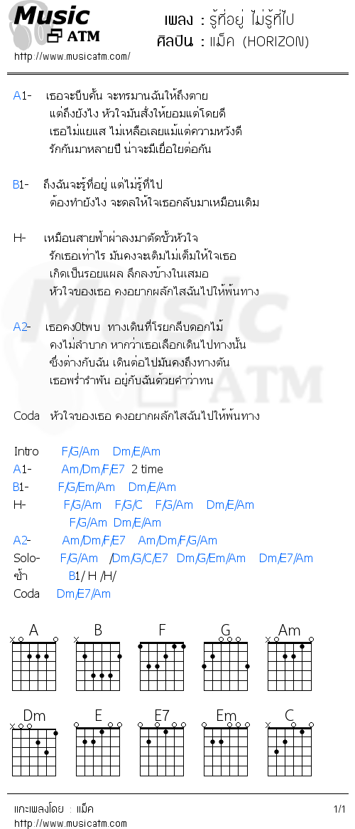 คอร์ดเพลง รู้ที่อยู่ ไม่รู้ที่ไป