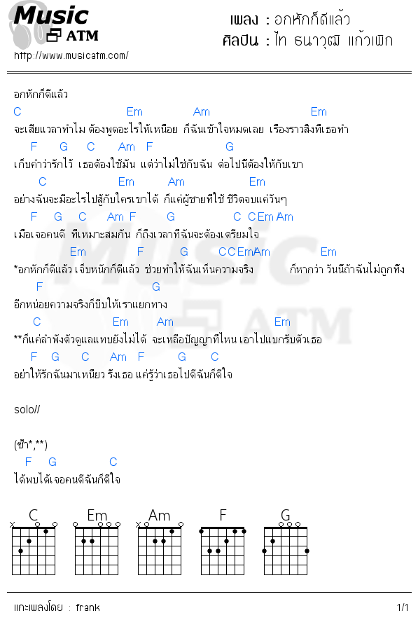 คอร์ดเพลง อกหักก็ดีแล้ว