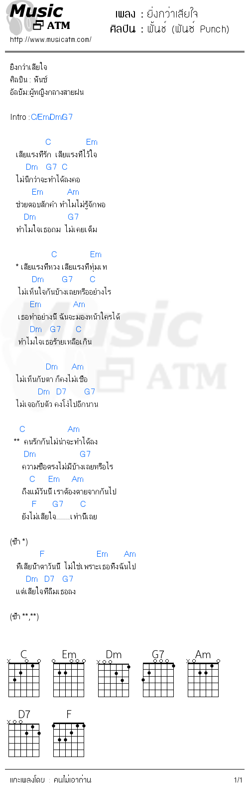 คอร์ดเพลง ยิ่งกว่าเสียใจ