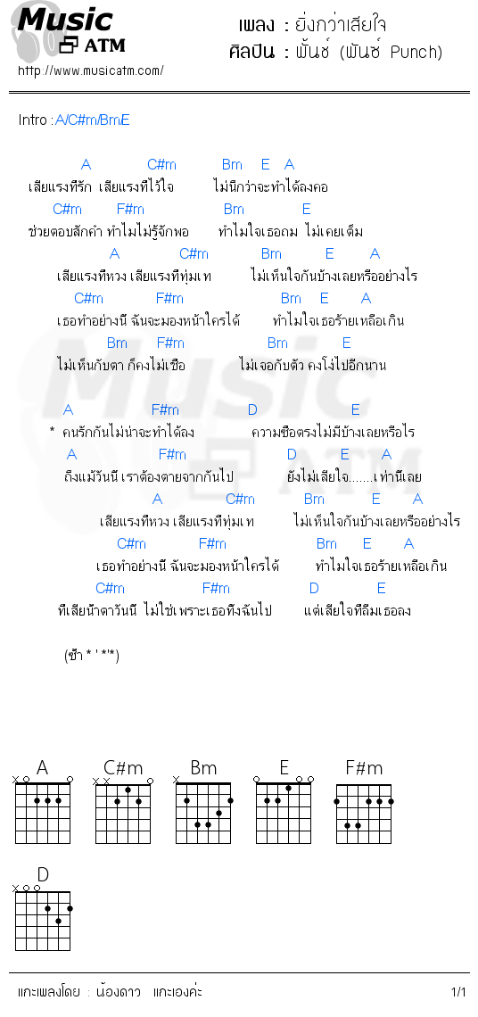 คอร์ดเพลง ยิ่งกว่าเสียใจ