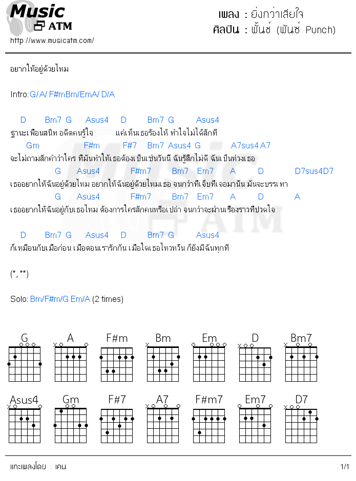 คอร์ดเพลง ยิ่งกว่าเสียใจ