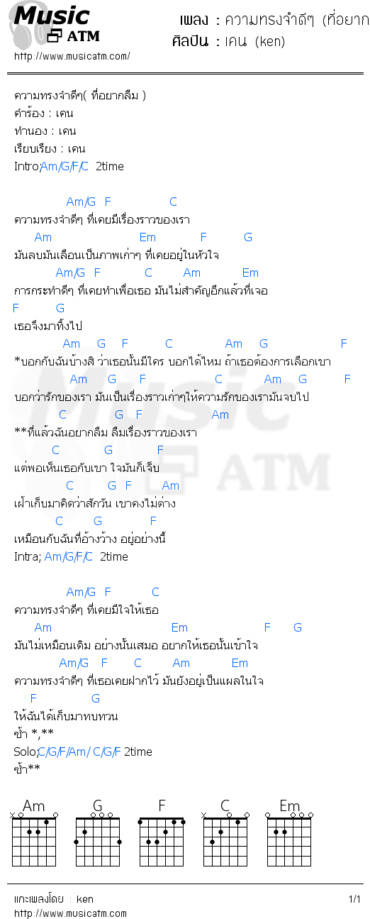 คอร์ดเพลง ความทรงจำดีๆ (ที่อยากลืม)